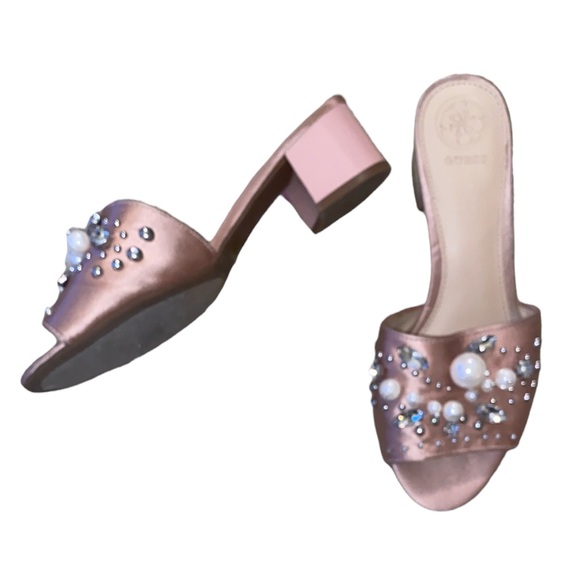 Guess Dancerr Embellished Pearl Crystal Blush Pink Block Heel Sandals - 8 - Picture 2 of 16